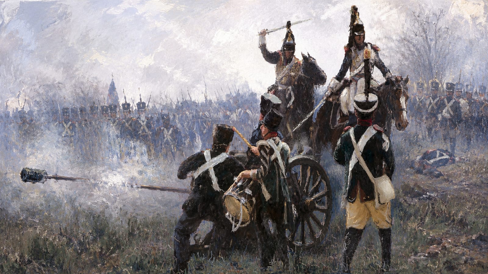 Napoleonic land battle — artillery and cavalry amid the smoke