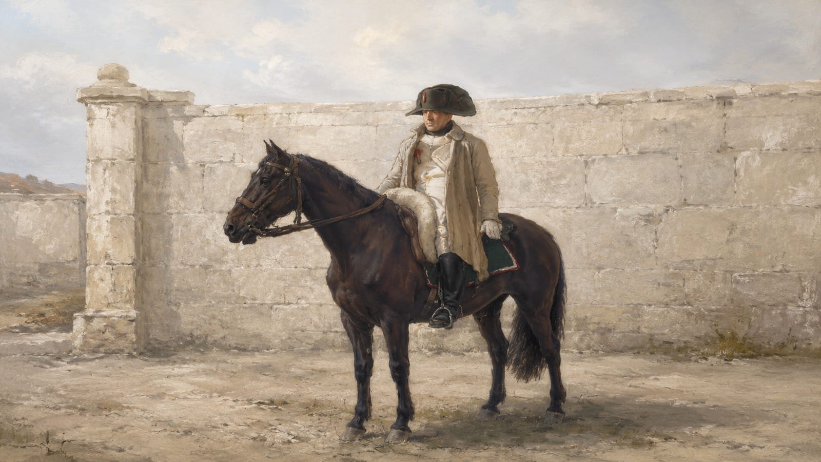 Napoleon mounted by a stone wall
